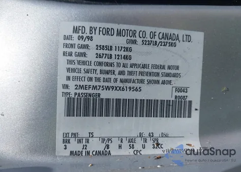 1999 Mercury Grand Marquis Ls из США, поврежденный, VIN 2MEFM75W9XX619565